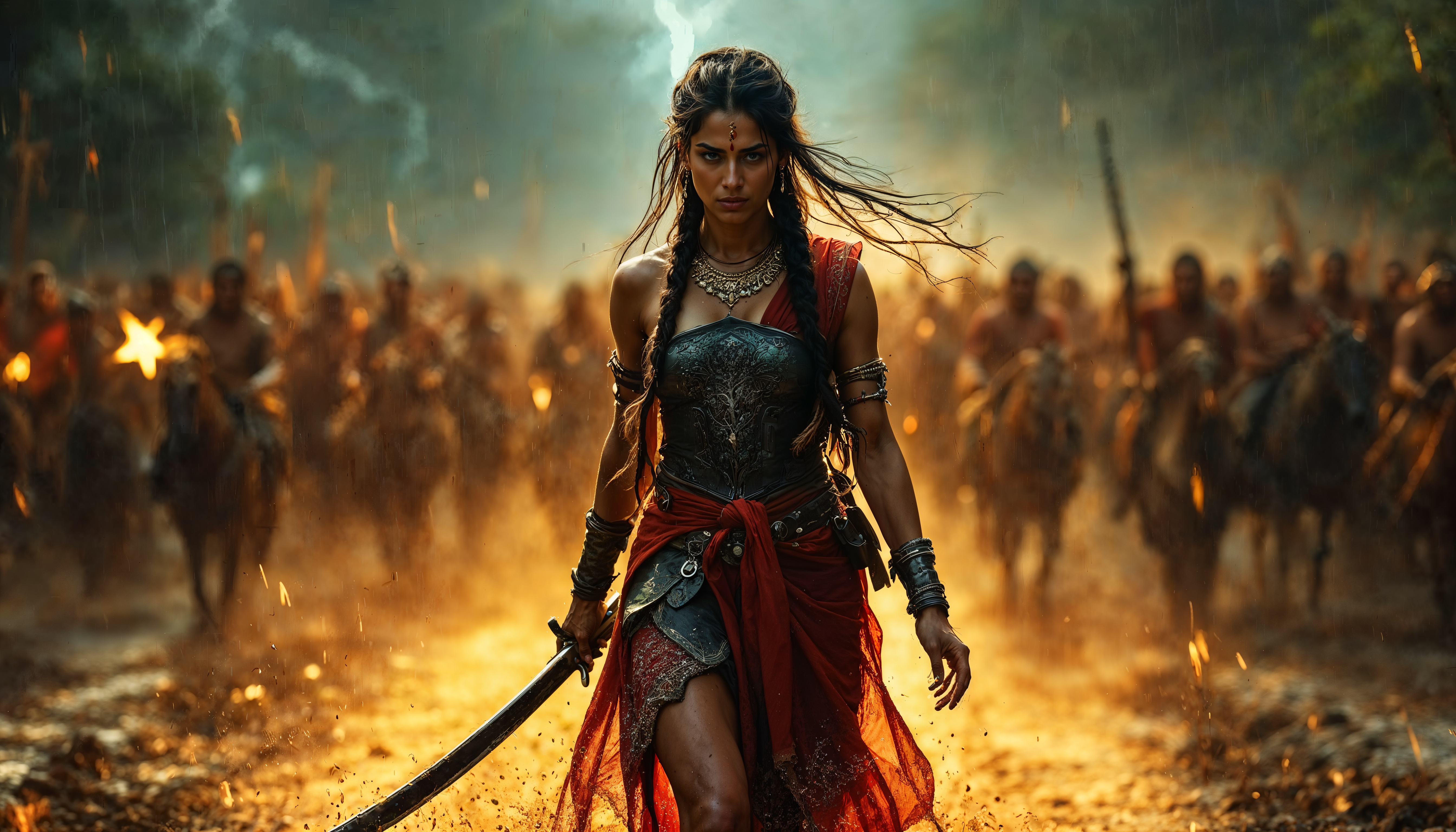 Rani Abbakka holding a sword, standing before her warriors in a storm