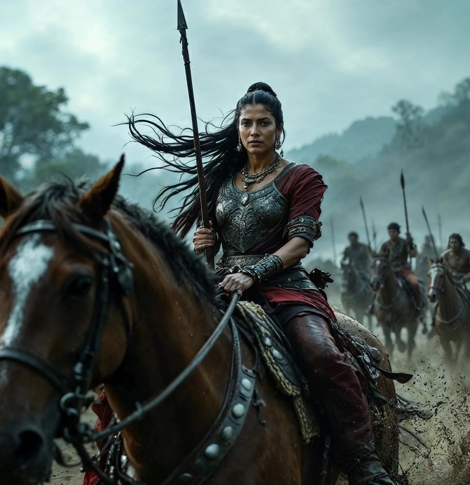 A warrior on horseback leading riders through a misty landscape