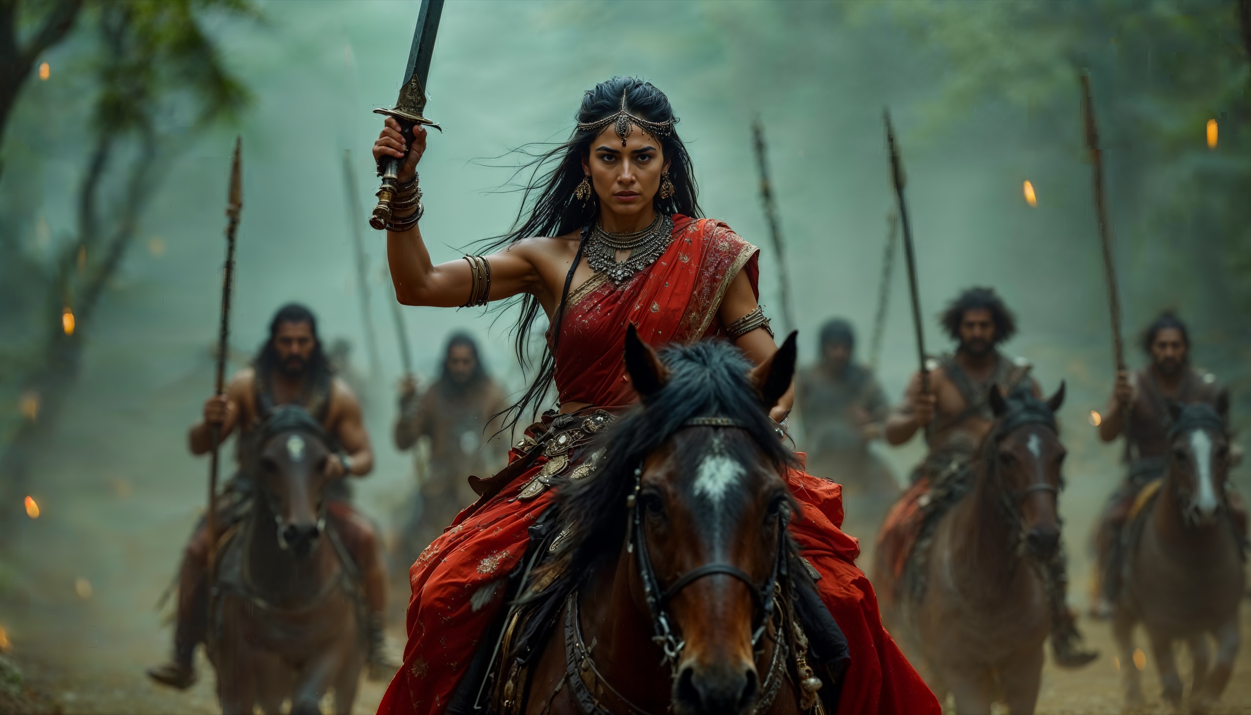Rani Abbakka on horseback, raising her sword with riders behind her