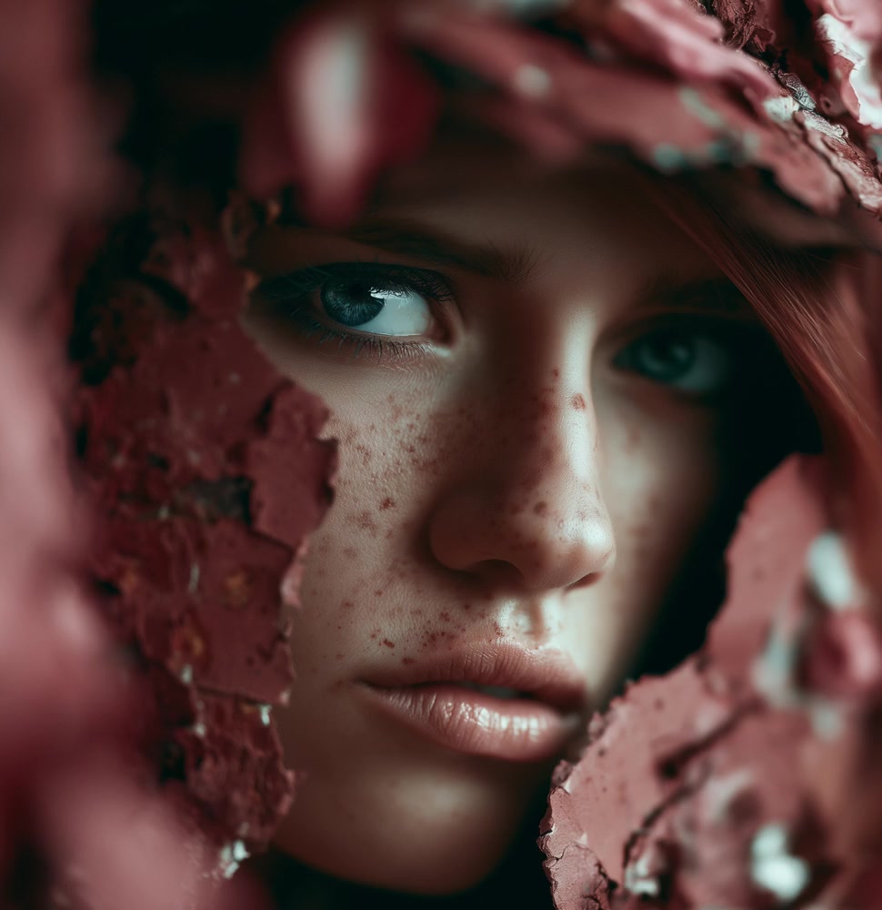 A face framed by layers of pink patina