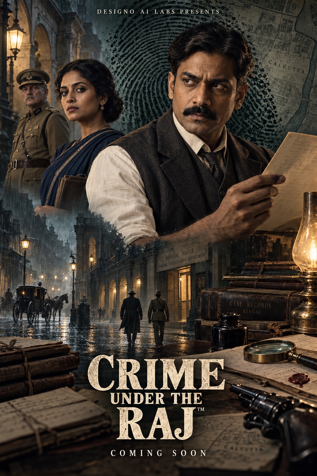 An Indian investigator with case papers, two supporting characters, an ink fingerprint and a rain-darkened colonial street