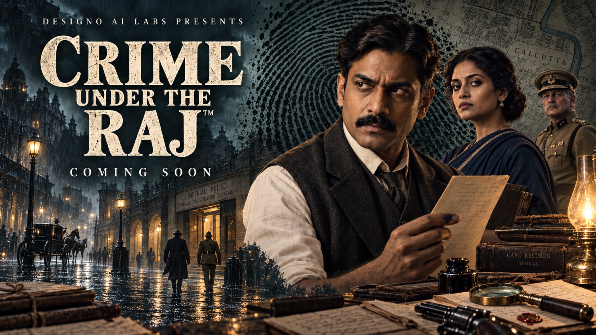 An Indian investigator with case papers, two supporting characters, an ink fingerprint and a rain-darkened colonial street