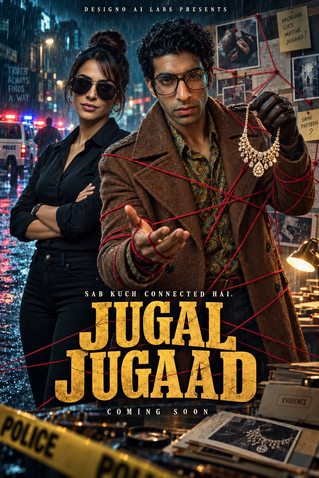 JJ tangled in red evidence strings beside the composed Monica, with a diamond necklace and rain-soaked street