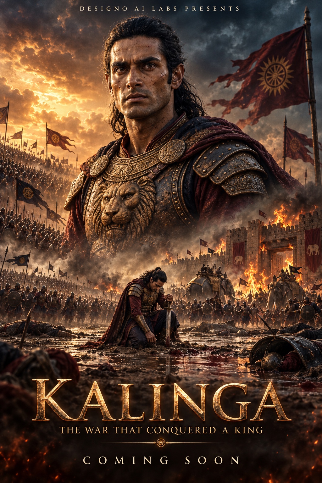 Asoka above a vast battlefield, with a smaller figure kneeling amid the aftermath
