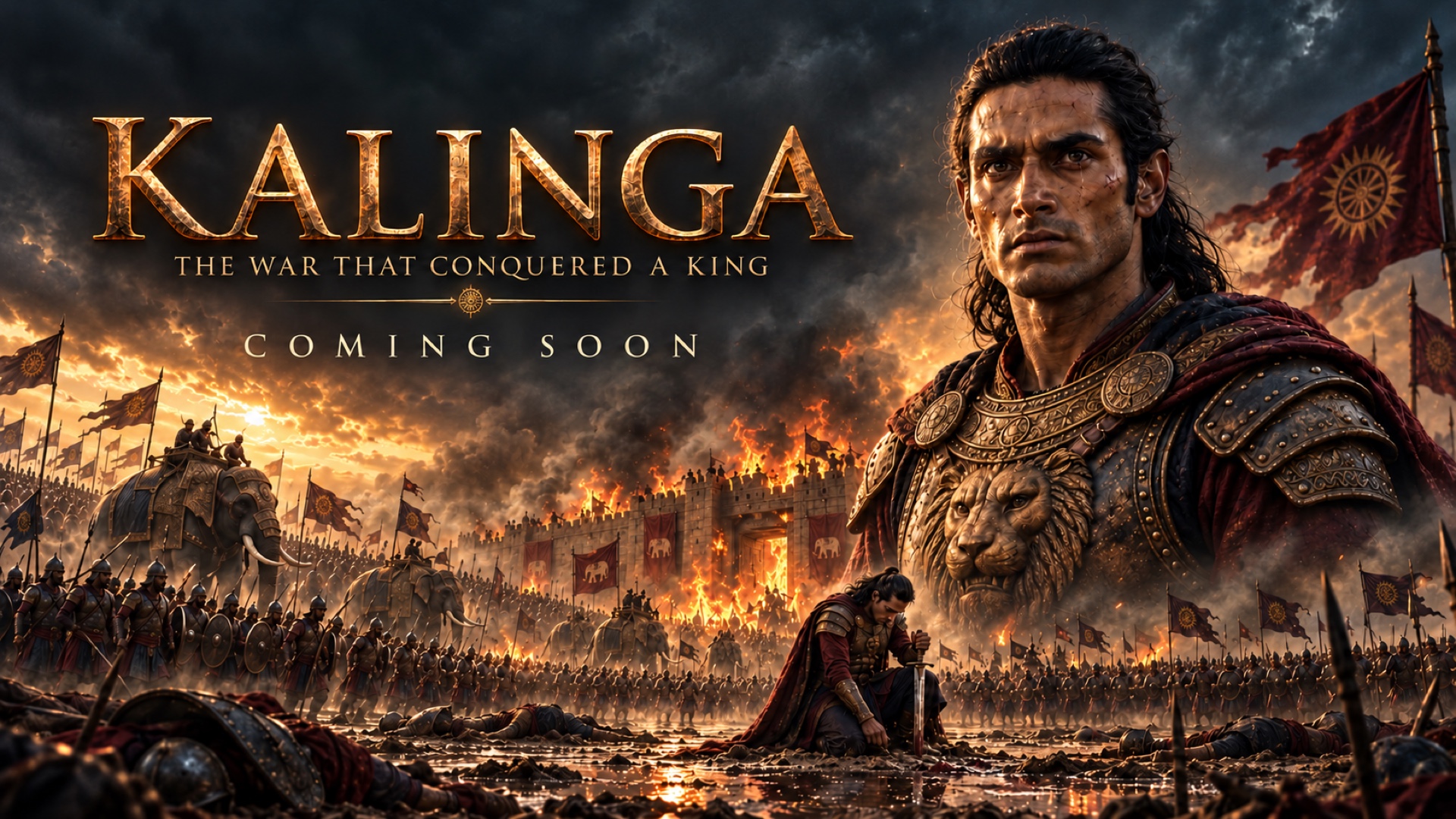 Asoka above a vast battlefield, with a smaller figure kneeling amid the aftermath