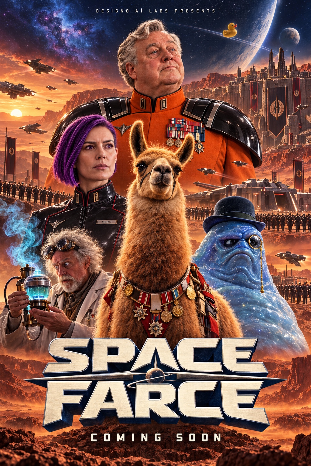 General Claymore, Lieutenant Merit and a decorated llama lead an eccentric ensemble on Mars