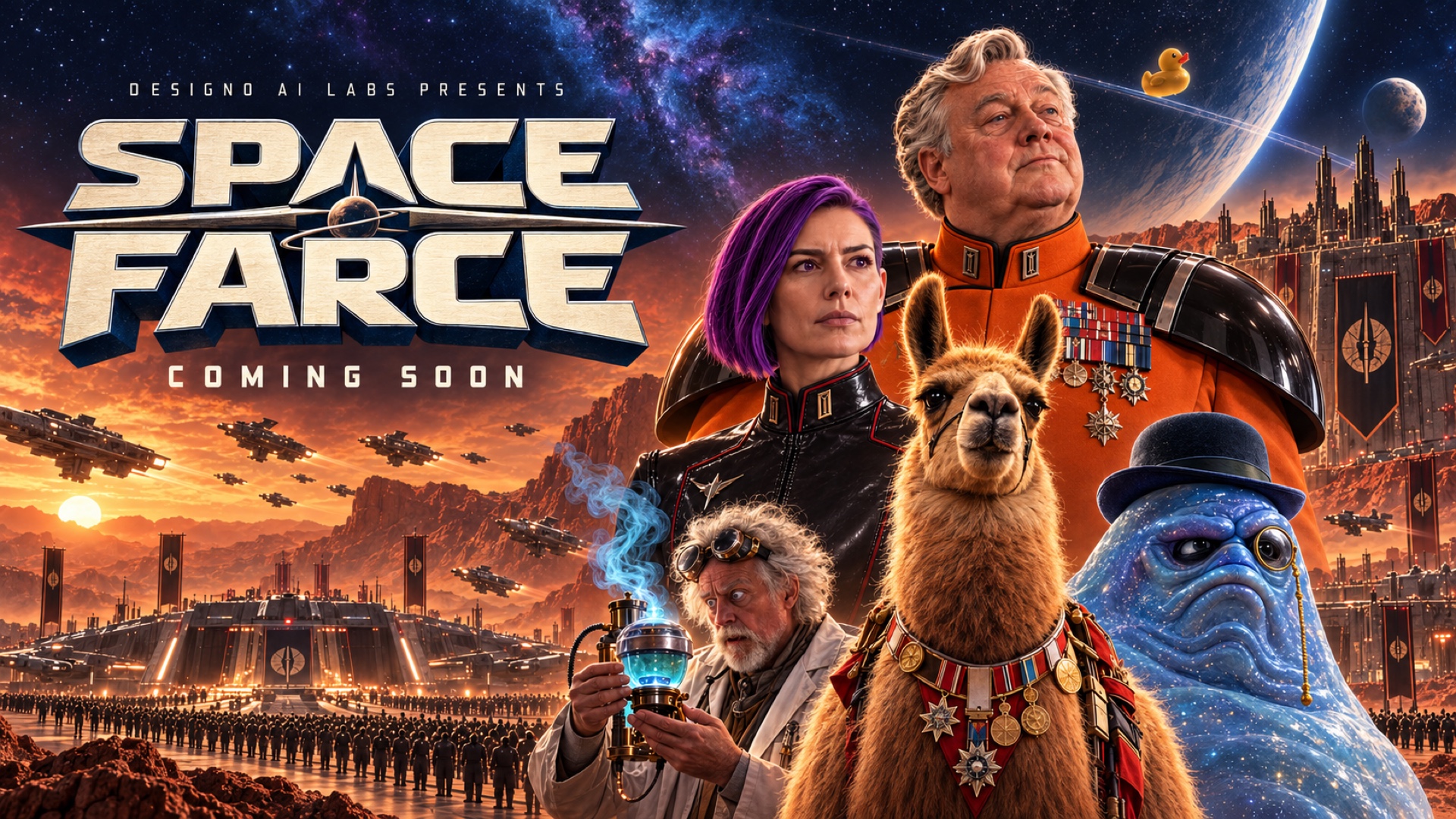 General Claymore, Lieutenant Merit and a decorated llama lead an eccentric ensemble on Mars